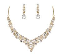 Ever Faith Wedding Bridal Crystal Sparkly Rhinestone Teardrop Cluster Statement Necklace Dangle Earrings Jewellery Set for Women Clear Gold-Tone