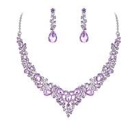 Ever Faith Wedding Bridal Crystal Sparkly Rhinestone Teardrop Cluster Statement Necklace Dangle Earrings Jewellery Set for Women Lavender Purple