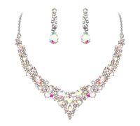 Ever Faith Wedding Bridal Crystal Teardrop Cluster Statement Necklace Dangle Earrings Jewellery Set for Women Iridescent Clear AB