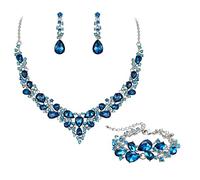 Ever Faith Wedding Bridal Jewellery Sets for Women, Sparkly Rhinestone Crystal Floral Teardrop Cluster Statement Necklace Dangle Drop Earrings Bracelet Set 3 Pcs Costume Jewelry Sky Blue Silver-Tone