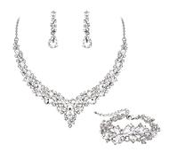 Ever Faith Wedding Bridal Jewellery Sets for Women, Sparkly Rhinestone Crystal Floral Teardrop Cluster Statement Necklace Dangle Drop Earrings Bracelet Set 3 Pcs Costume Jewelry Clear Silver-Tone