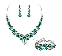 Ever Faith Wedding Bridal Jewellery Sets for Women, Sparkly Rhinestone Crystal Floral Teardrop Cluster Statement Necklace Dangle Drop Earrings Bracelet Set 3 Pcs Costume Jewelry Green Silver-Tone