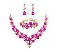 Ever Faith Wedding Bridal Jewellery Sets for Women, Sparkly Rhinestone Crystal Floral Teardrop Cluster Statement Necklace Dangle Drop Earrings Bracelet Set 3 Pcs Costume Jewelry Hot Pink Silver-Tone