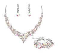 Ever Faith Wedding Bridal Jewellery Sets for Women, Sparkly Rhinestone Crystal Floral Teardrop Cluster Statement Necklace Dangle Drop Earrings Bracelet Set 3 Pcs Costume Jewelry Iridescent Clear AB