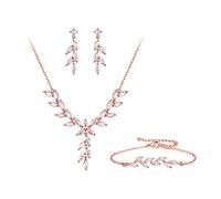 Ever Faith Wedding Cubic Zirconia Jewelry Set for Bride Bridesmaid, Sparkly Marquise Leaf Necklace dangle Earrings Bracelet Set for Woman Clear Rose Gold-Tone
