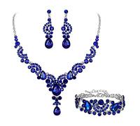 Ever Faith Wedding Jewellery Set for Women, Sparkly Rhinestone Crystal Vintage Floral Teardrop Brides Bridal Necklace Earrings Bracelet Sets Prom Party Costume Jewelry 3 Pcs Sapphire Blue Silver-Tone