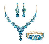 Ever Faith Wedding Jewellery Set for Women, Sparkly Rhinestone Crystal Vintage Floral Teardrop Brides Bridal Necklace Earrings Bracelet Sets Prom Party Costume Jewelry 3 Pcs Sky Blue Gold-Tone