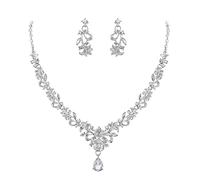 Ever Faith Wedding Jewellery Sets for Bride, Austrian Crystal Gorgeous Marquise Orchid Flowers Leaf Teardrop Pendant Necklace Dangle Earrings Set for Women Clear Silver-Tone