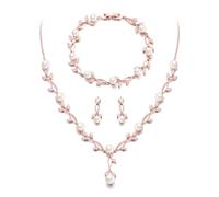 Ever Faith Wedding Jewellery Sets for Bride Bridesmaids, Rose Gold Plated White Cubic Zirconia Simulated Pearl Leaf Bridal Party Necklace Earrings Bracelet Set for Women
