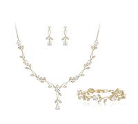 Ever Faith Wedding Jewelry Set for Bride Bridesmaid, Gold Plated Teardrop Cubic Zirconia Leaf Vine Bridal Prom Necklace Dangle Earrings Bracelet Set for Women