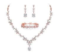 Ever Faith Wedding Jewelry Set for Women, Cubic Zirconia Fashion Floral Leaf Necklace Dangle Earrings Tennis Bracelet Set Rose Gold-Tone
