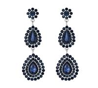 EVER FAITH Wedding Party Earrings for Brides Bridal, Sparkly Rhinestone Crystal Teardrop Long Dangle Earring Costume Jewellery for Women Navy Blue Silver-Tone
