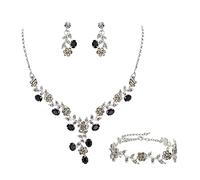 Ever Faith Wedding Party Jewelry Set for Bride Austrian Crystal Cluster Flower Costume Necklace Earrings Bracelet Set Black Silver-Tone