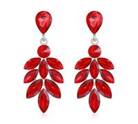 EVER FAITH Wedding Party Vintage Style Marquise Rhinestone Crystal Floral Leaf Teardrop Dangle Earrings for Women Bridal Bridal Red Silver-Tone