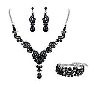 Ever Faith Wedding Vintage Floral Jewellery Set, Black Silver-Tone, 3 Pcs