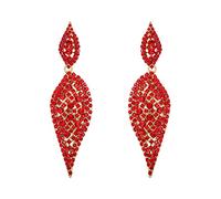 EVER FAITH Women's 2 Leaf Round Full Austrian Crystal Pierced Drop Dangle Chandelier Earrings for Gala Red Gold-Tone