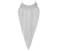 Ever Faith Women's Crystal Bib Statement Long Tassel Choker Necklace Clear Silver-Tone Costume Jewelry