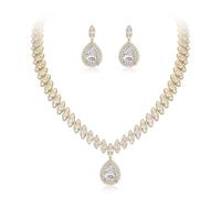 Ever Faith Women's Wedding Jewelry Marquise-Shaped Cubic Zirconia Leaf Teardrop Bridal Necklace Earrings Set for Bride Bridesmaid Clear Gold-Tone
