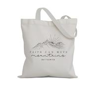 EVER-GOING TUNE Christian Canvas Tote Bag，Faith Can Move Mountains Bible Verse Matthew 17:20， Religious Inspirational Tote，Reusable Grocery Bag for Women for Work,Shopping,Gym, Travel.