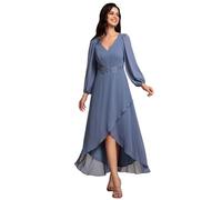 Ever-Pretty Bridesmaid Dress Chiffon Long Sleeve High-Low Evening Dress with Waist Applique Dusty Navy 20UK