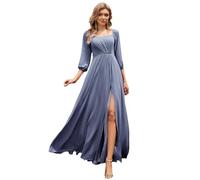 Ever-Pretty Bridesmaid Dress Off-Shoulder Long Lantern Sleeves High Split Chiffon Dress Dusty Navy 6UK