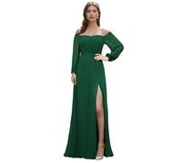 Ever-Pretty Bridesmaid Dress Off-Shoulder Long Lantern Sleeves High Split Chiffon Wedding Guest Dress Dark Green 8UK