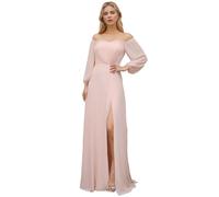 Ever-Pretty Bridesmaid Dress Off-Shoulder Long Lantern Sleeves High Split Chiffon Wedding Guest Dress Pink 16UK