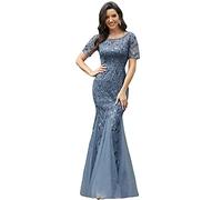 Ever-Pretty Elagant Short Sleeve Long Mermaid Sequin Tulle Formal Dresses for Women Dusty Navy 20UK