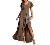 Ever-Pretty Evening Dress Women's Deep V-Neck High Slit Ruffles Sleeves A-Line Party Prom Dress Coffee 16