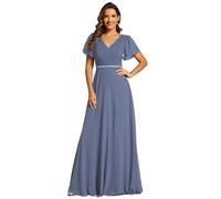 Ever-Pretty Maxi Dresses Pleated A-Line Chiffon Formal Evening Dress with Short Sleeves and Sequin Waist Dusty Navy 18UK