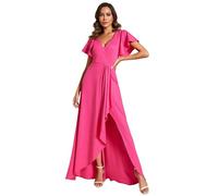 Ever-Pretty Maxi Evening Dress Women's Deep V-Neck High Slit Ruffles Sleeves A-Line Party Prom Dress Hot Pink 12UK