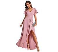 Ever-Pretty Maxi Evening Dress Women's Deep V-Neck High Slit Ruffles Sleeves A-Line Party Prom Dress Dusty Rose 12UK