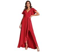 Ever-Pretty Maxi Evening Dress Women's Deep V-Neck High Slit Ruffles Sleeves A-Line Party Prom Dress Red 12UK