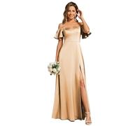 Ever-Pretty Maxi Short Sleeve Off Shoulder A-Line Satin High Split Bridesmaid Dress Champagne 12UK