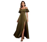 Ever-Pretty Maxi Short Sleeve Off Shoulder A-Line Satin High Split Bridesmaid Dress Olive Green 16UK