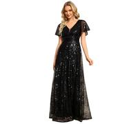 Ever-Pretty Maxi Women Dresses Embroidery Sequin Formal Evening Dress Illusion Double V-Neck with Ruffles Sleeve Black 14UK