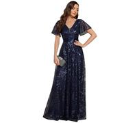 Ever-Pretty Maxi Women Dresses Embroidery Sequin Formal Evening Dress Illusion Double V-Neck with Ruffles Sleeve Navy Blue 16UK