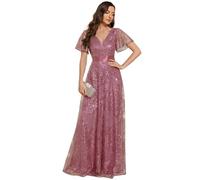 Ever-Pretty Maxi Women Dresses Embroidery Sequin Formal Evening Dress Illusion Double V-Neck with Ruffles Sleeve Orchid 16UK