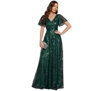 Ever-Pretty Maxi Women Dresses Embroidery Sequin Formal Evening Dress Illusion Double V-Neck with Ruffles Sleeve Dark Green 14UK