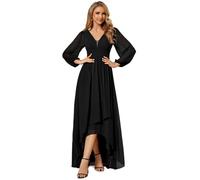 Ever-Pretty Maxi Women's Evening Dresses Double V-Neck and Long Sleeves A-Line High-Low Chiffon Bridesmaid Dress Black 18UK
