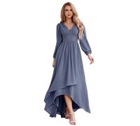 Ever-Pretty Maxi Women's Evening Dresses Double V-Neck and Long Sleeves A-Line High-Low Chiffon Bridesmaid Dress Dusty Navy 18UK