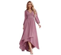 Ever-Pretty Maxi Women's Evening Dresses Double V-Neck and Long Sleeves A-Line High-Low Chiffon Bridesmaid Dress Orchid 14UK