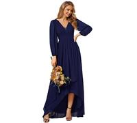 Ever-Pretty Maxi Women's Evening Dresses Double V-Neck and Long Sleeves A-Line High-Low Chiffon Bridesmaid Dress Navy Blue 14UK