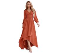 Ever-Pretty Maxi Women's Evening Dresses Double V-Neck and Long Sleeves A-Line High-Low Chiffon Bridesmaid Dress Burnt Orange 14UK