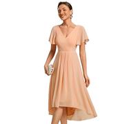 Ever-Pretty Midi Cocktail Dress Prom V-Neck A-Line Dress Ruffles Sleeve Knee Length for Prom Homecoming Peach Pink 14UK
