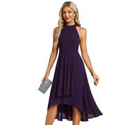 Ever-Pretty Midi Halter Neck Chiffon Wedding Guest Dress with Sleeveless and A-Line Dark Purple 12UK