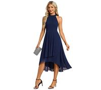 Ever-Pretty Midi Halter Neck Chiffon Wedding Guest Dress with Sleeveless and A-Line Women Dresses for Wedding Navy Blue 14UK