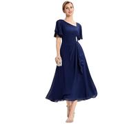 Ever-Pretty Mother of The Bride Dress Maxi Length Asymmetrical Neckline Ruffled Hem Navy Blue 18
