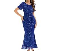 Ever-Pretty Plus Size Crew Neck Short Sleeve Beads High Elasticity Curvy Bodycon Evening Dress Sapphire Blue 8