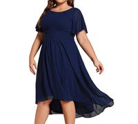 Ever-Pretty Plus Size Eveing Dresses Women's A Line Crew Neck Short Sleeves Pleated Chiffon Plus Size High Low Wedding Gust Dresses Navy Blue 28UK